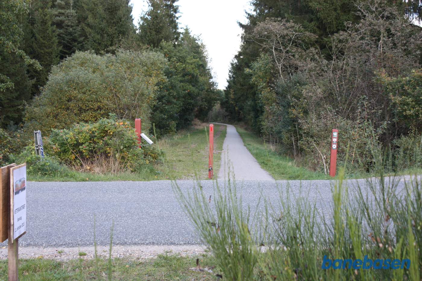 På den anden side af Lystrupmindevej fortsætter banestien ind i skoven mod Silkeborg
