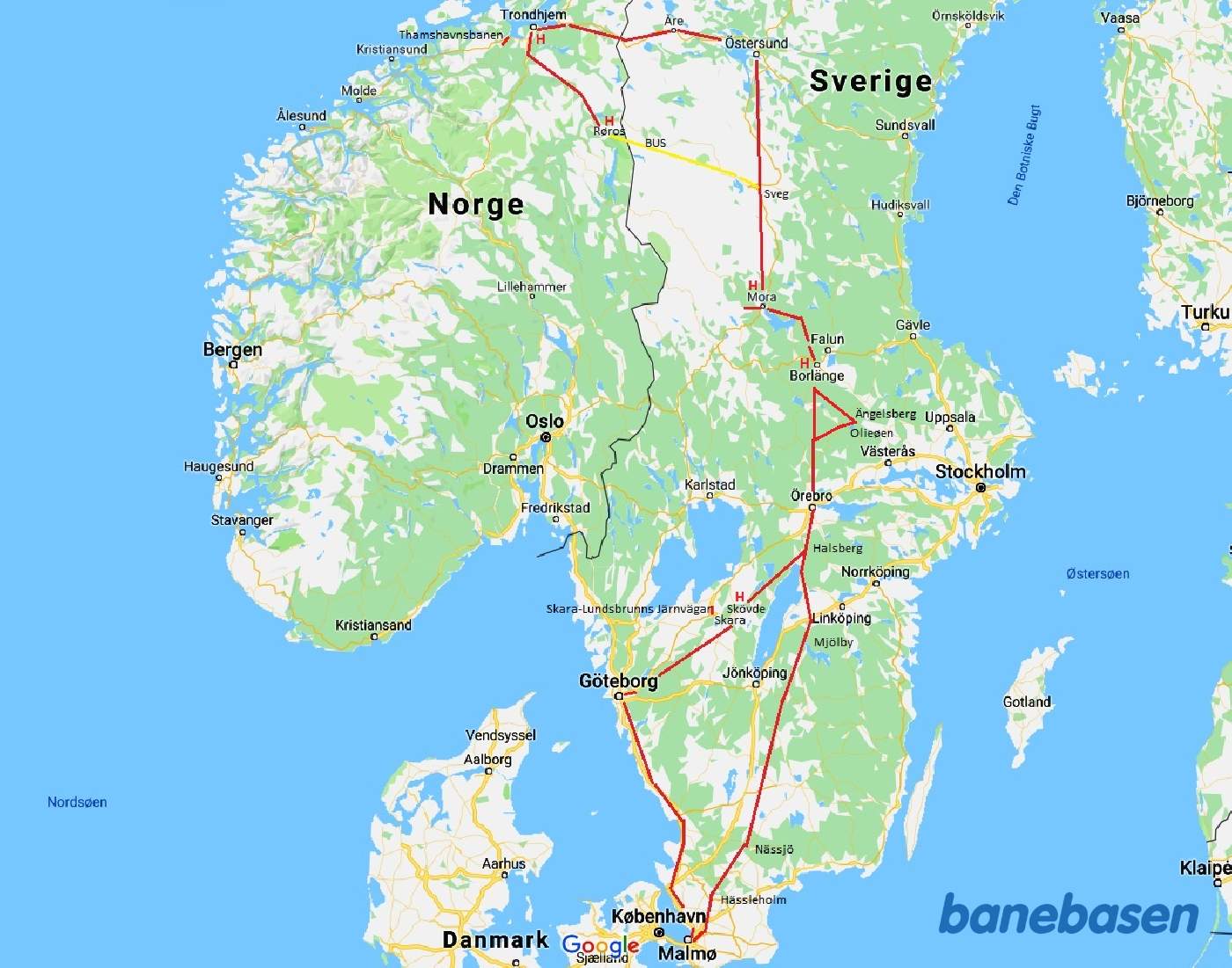 Kort over rejseruten