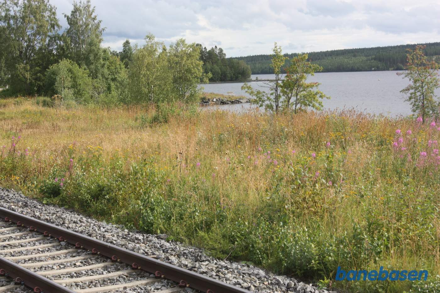 Et bagskud et sted på strækningen mellem Östersund og Storlien, her en ukendt station, hvor vi skal krydse med persontog, fin udsigt ud over søen
