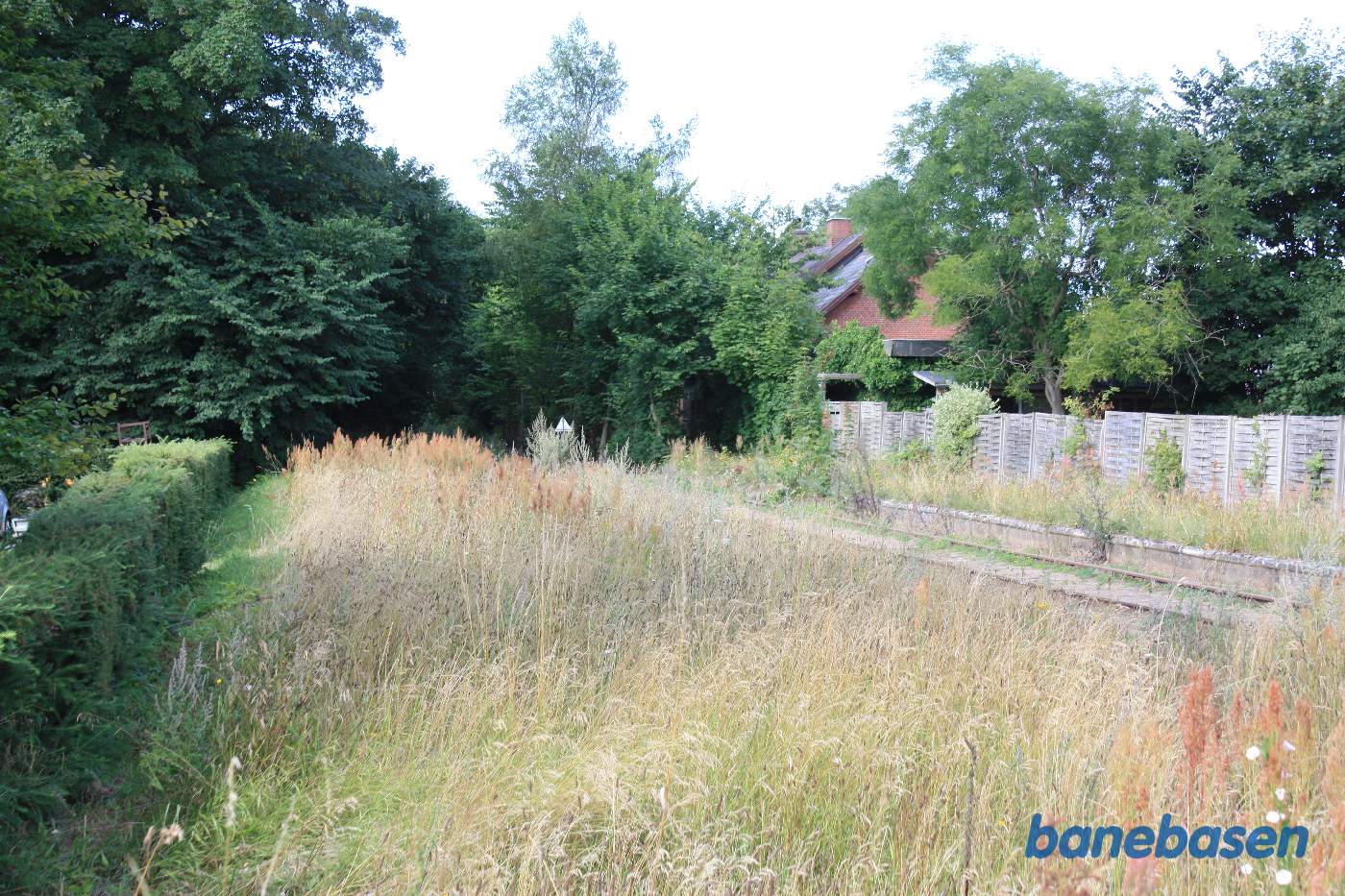 Stationsbygningen gemmer sig inde bag træerne. Perronkanten ses til højre Stationsbygningen gemmer sig inde bag træerne. Perronkanten ses til højre