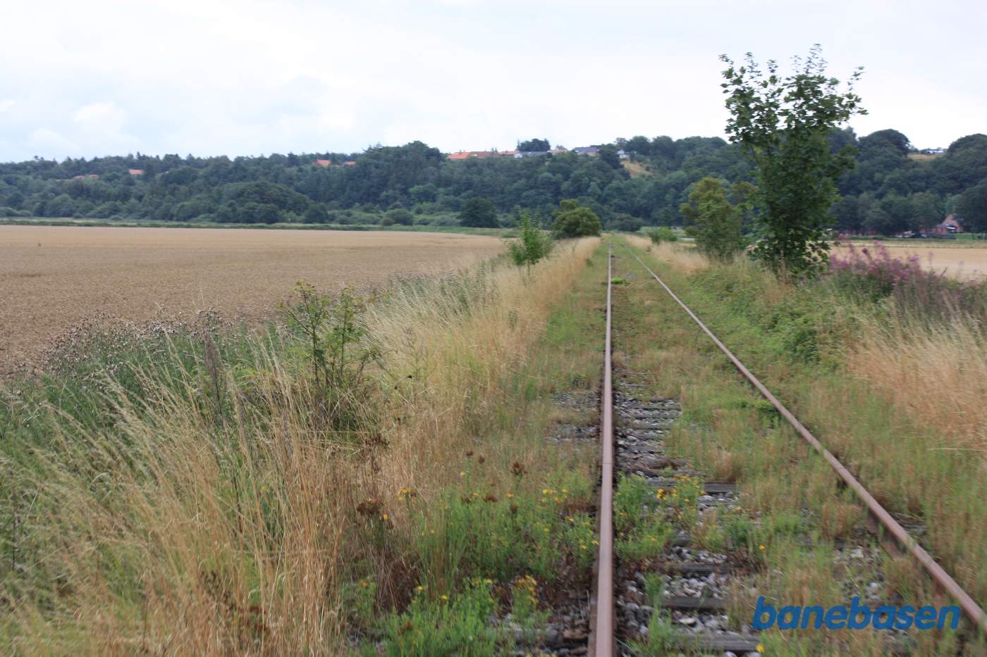 Ådalens skrænter ses forude, banen svinger til venstre og følger skrænterne