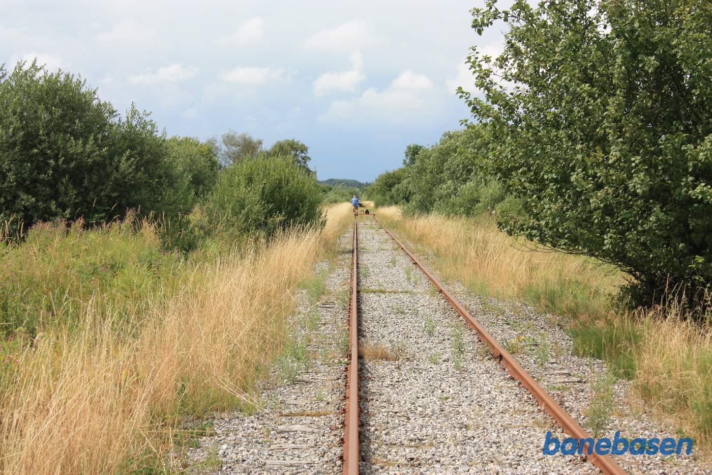 Banen løber nede i den flade ådal med buske og græs Banen løber nede i den flade ådal med buske og græs