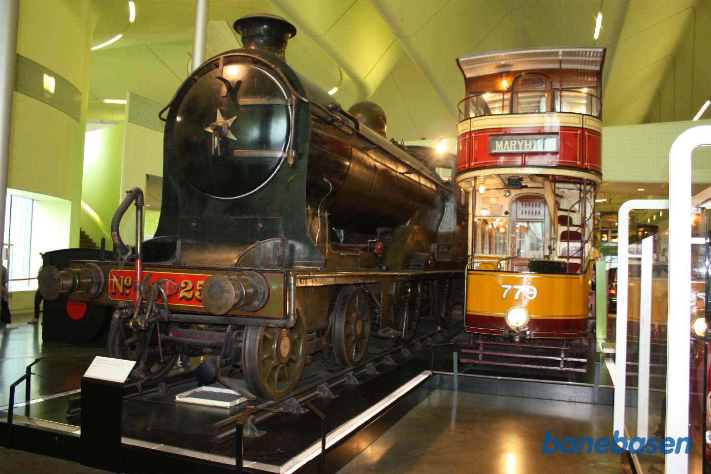 Damplokomotiv og dobbeltdækker sporvogn