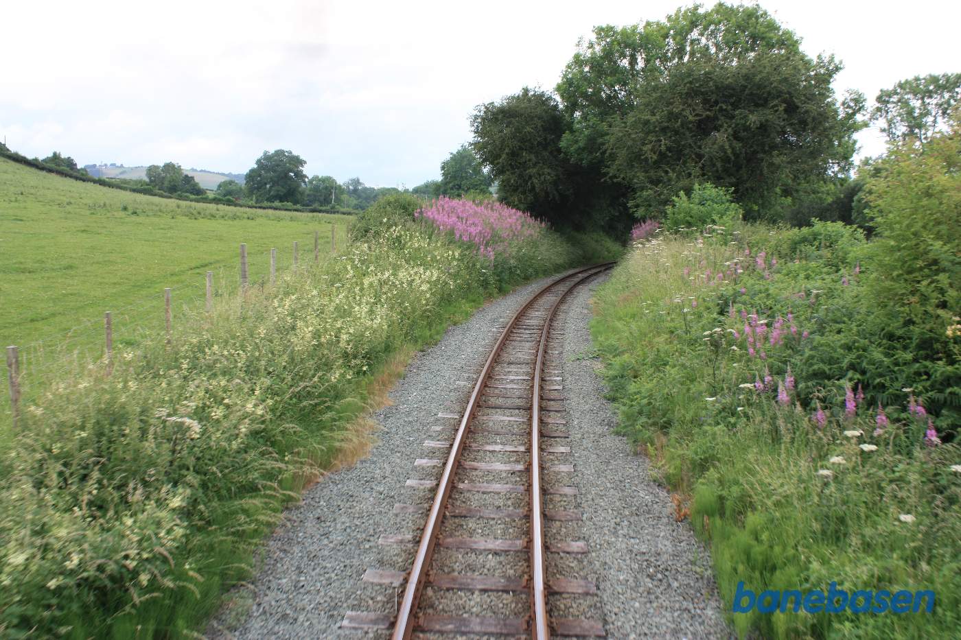 Damptoget på vej ud over markerne, banen set fra bagperronen