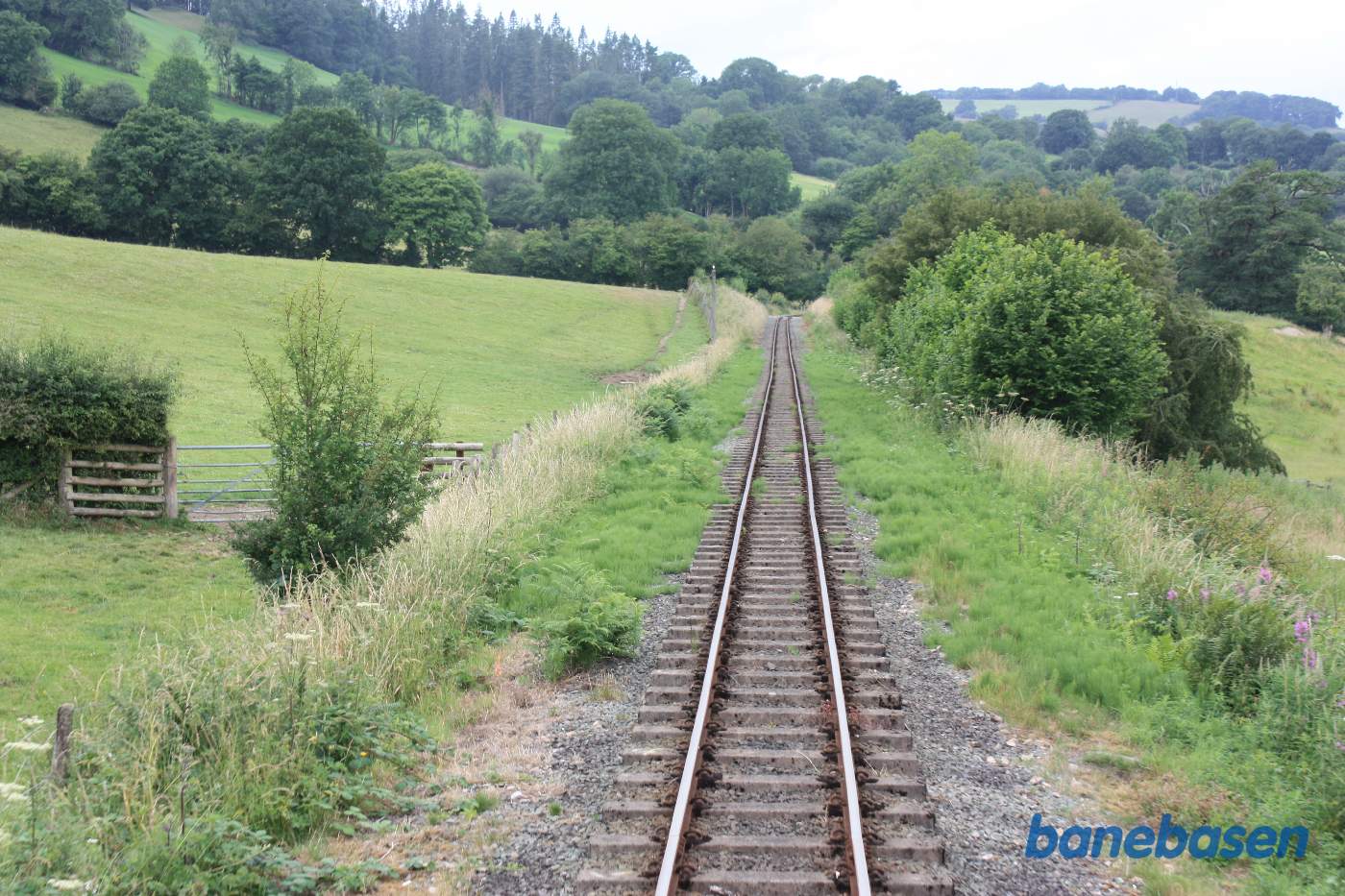 Damptoget på vej ud over markerne, banen set fra bagperronen