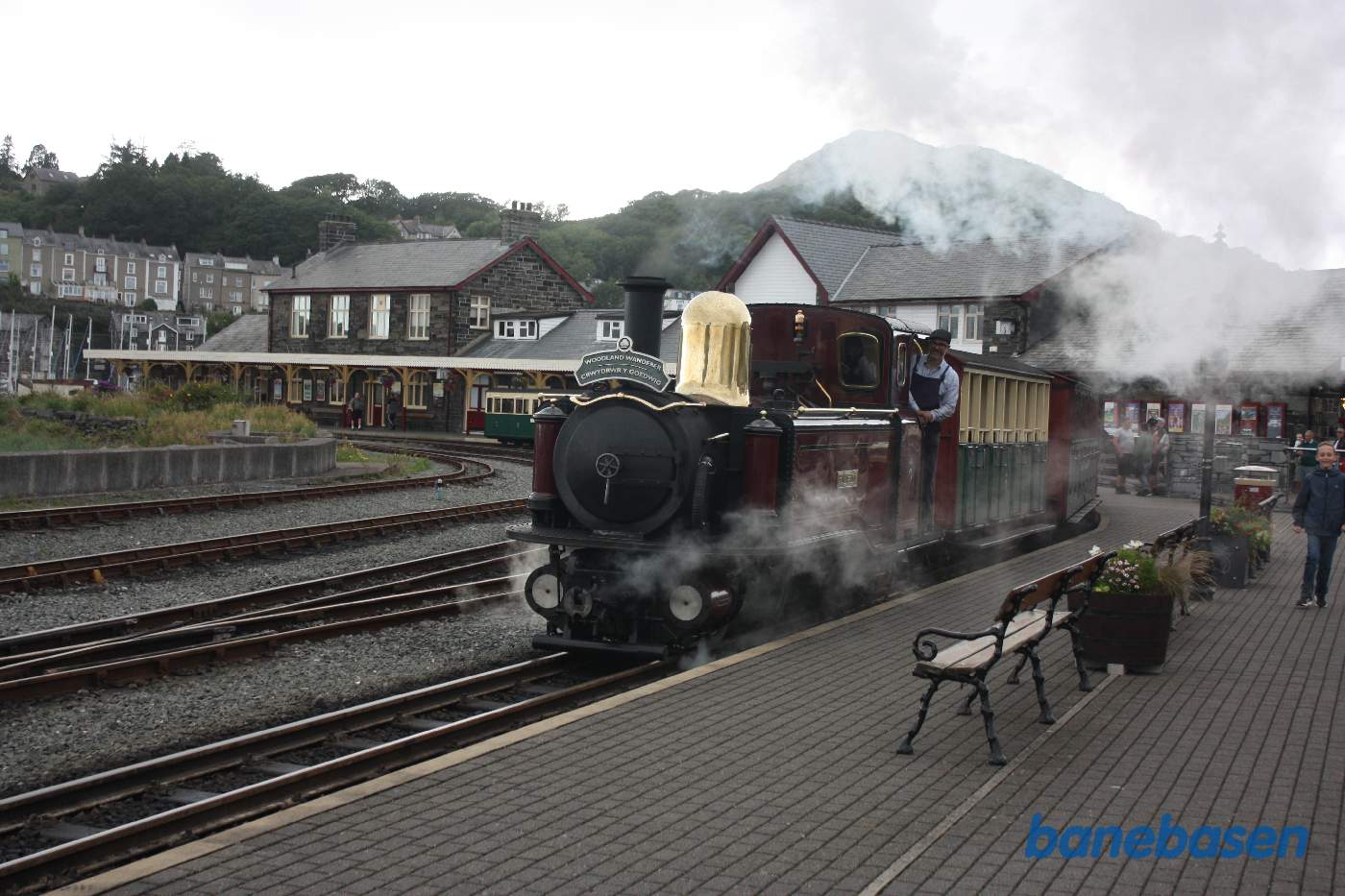 Damptoget på vej ud af stationen