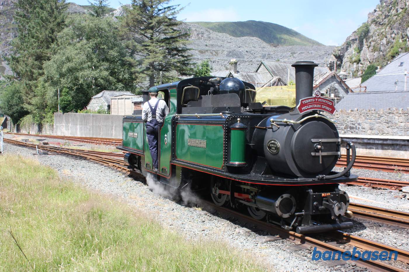 Det grønne double fairlie locomotive rangerer til vognene