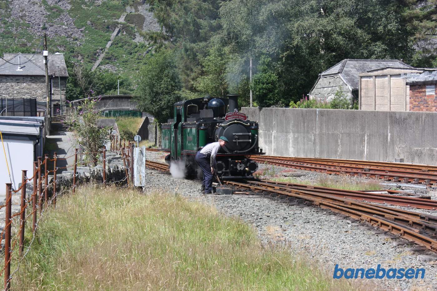 Det grønne double fairlie locomotive rangerer til vognene