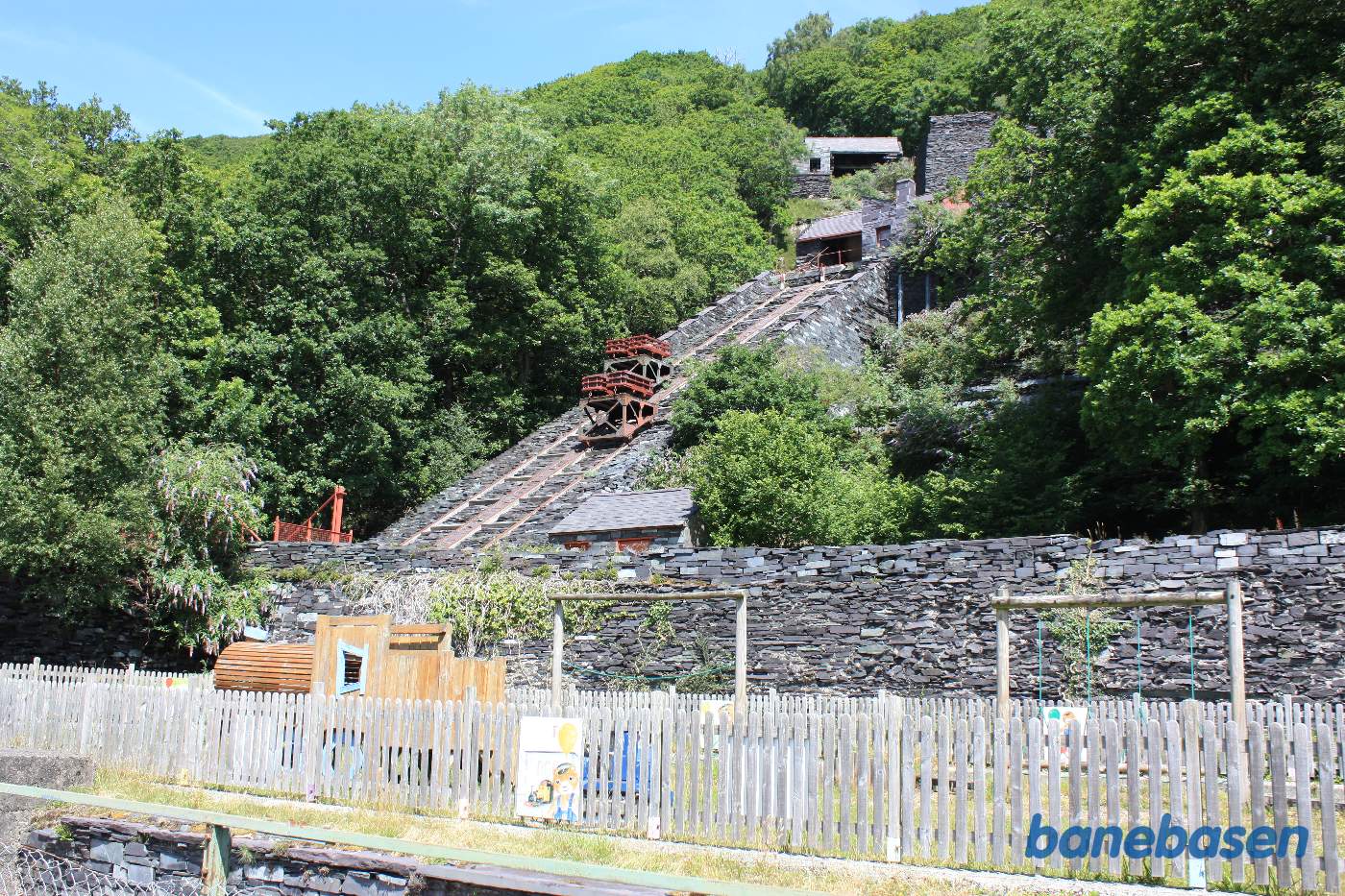 Demo kabelbane med skifferpladevogne, tilhørende museet på den anden side af banen og vejen