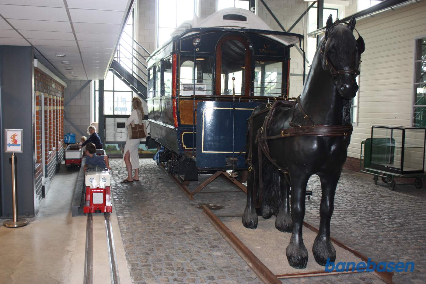 En hestesporvogn med hestefigur foran illustrerer perioden fra 1879 til 1904