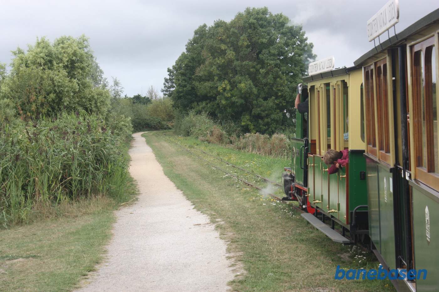 Toget kører i parken langs søen