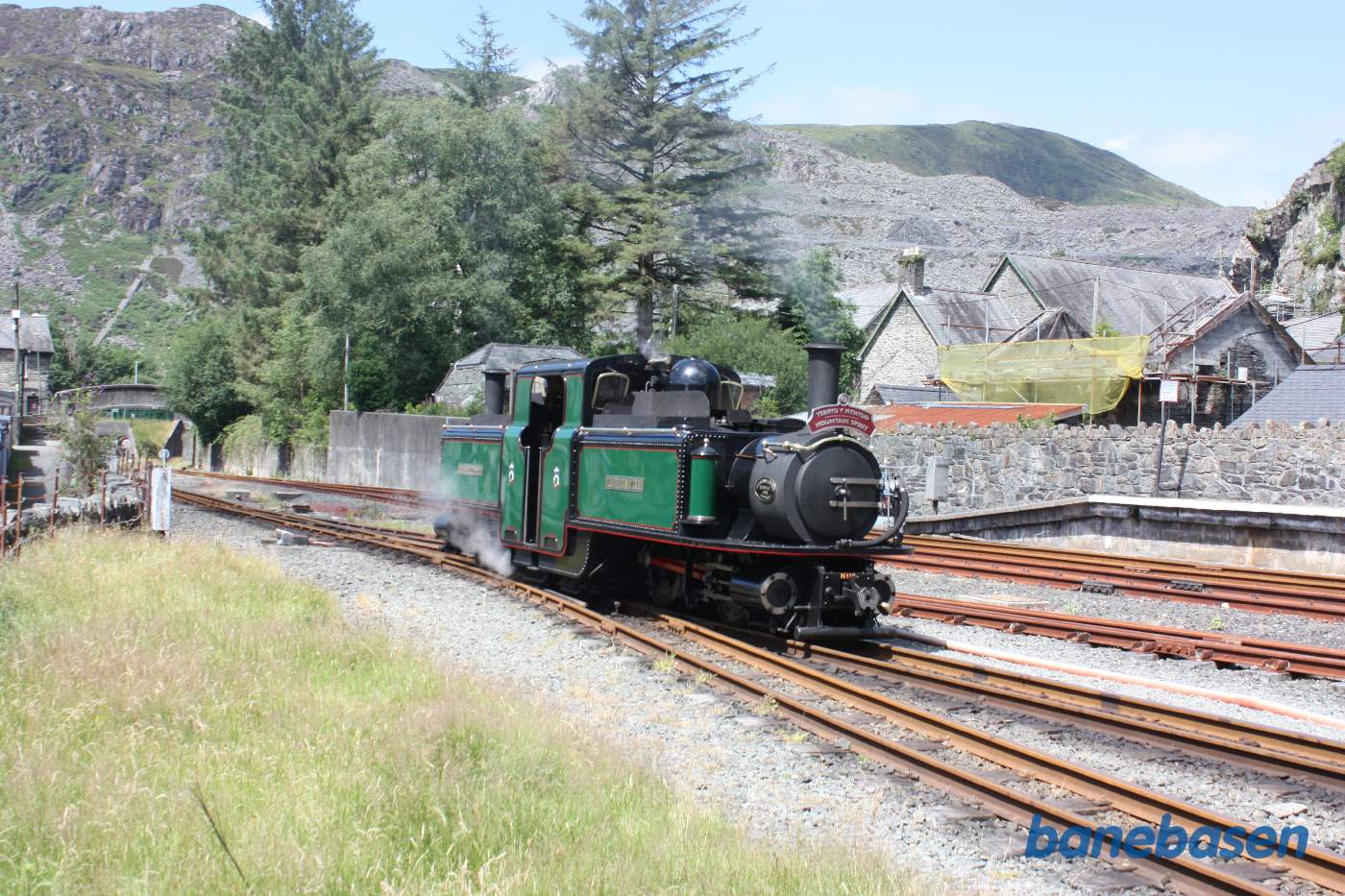 Det grønne double fairlie locomotive rangerer til vognene